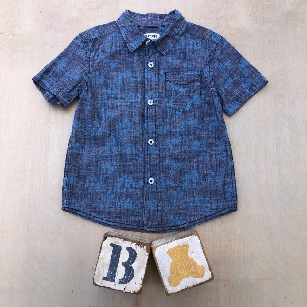 Cherokee Boys Chambray Palm Tree Print Dress Shirt Sz. 5t